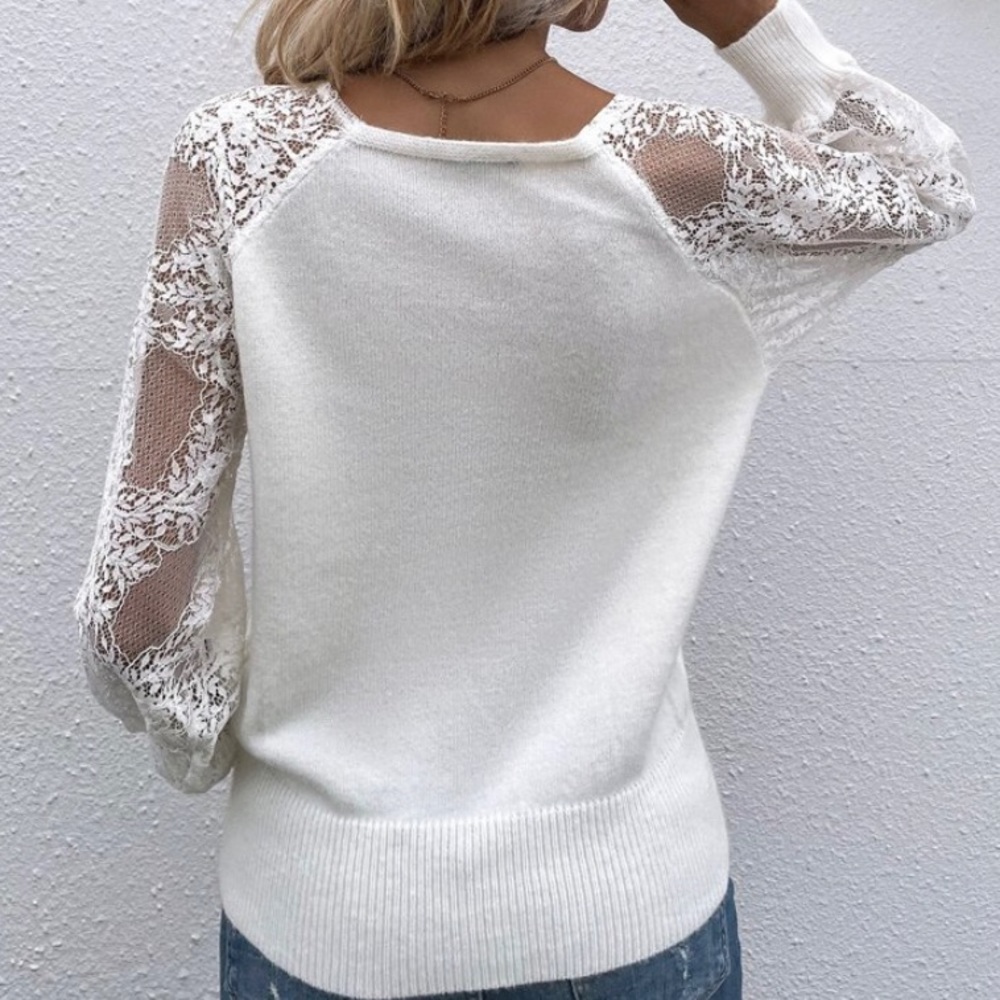 New Boho White Lave Sleeve V-Neck Sweater Top - Picture 4 of 8